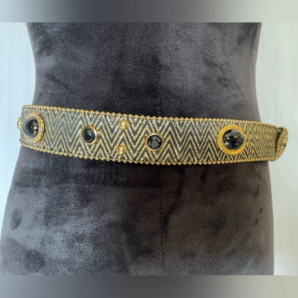 Black & Gold Herringbone Pattern 1” Belt With Beaded Accents Size Medium